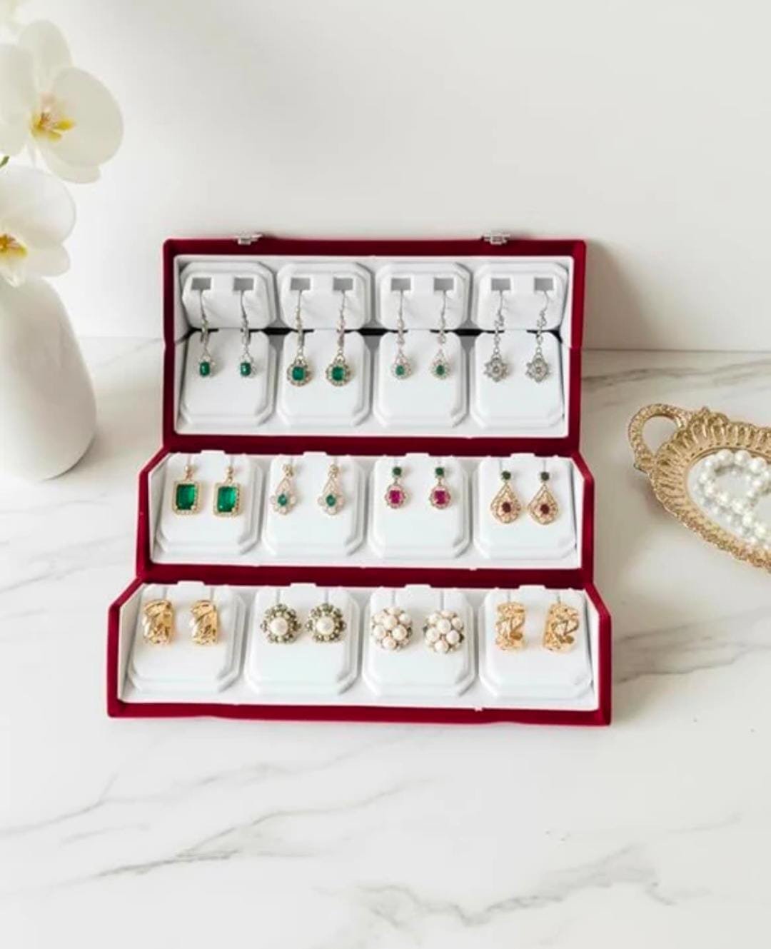 Triock Jewellery Earring Storage Box Hand Carry Folder 16 Tops American Velevt Jewellery Vanity Box (Maroon)