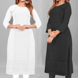 Women Chikan Embroidery Georgette Straight Kurta (Pink, White)